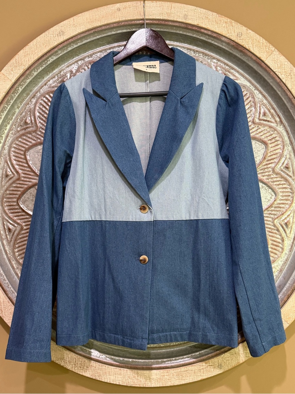 Savanna Jane Two-Tone Patch Designer Puff Sleeve  Denim Blue Blazer NWOT